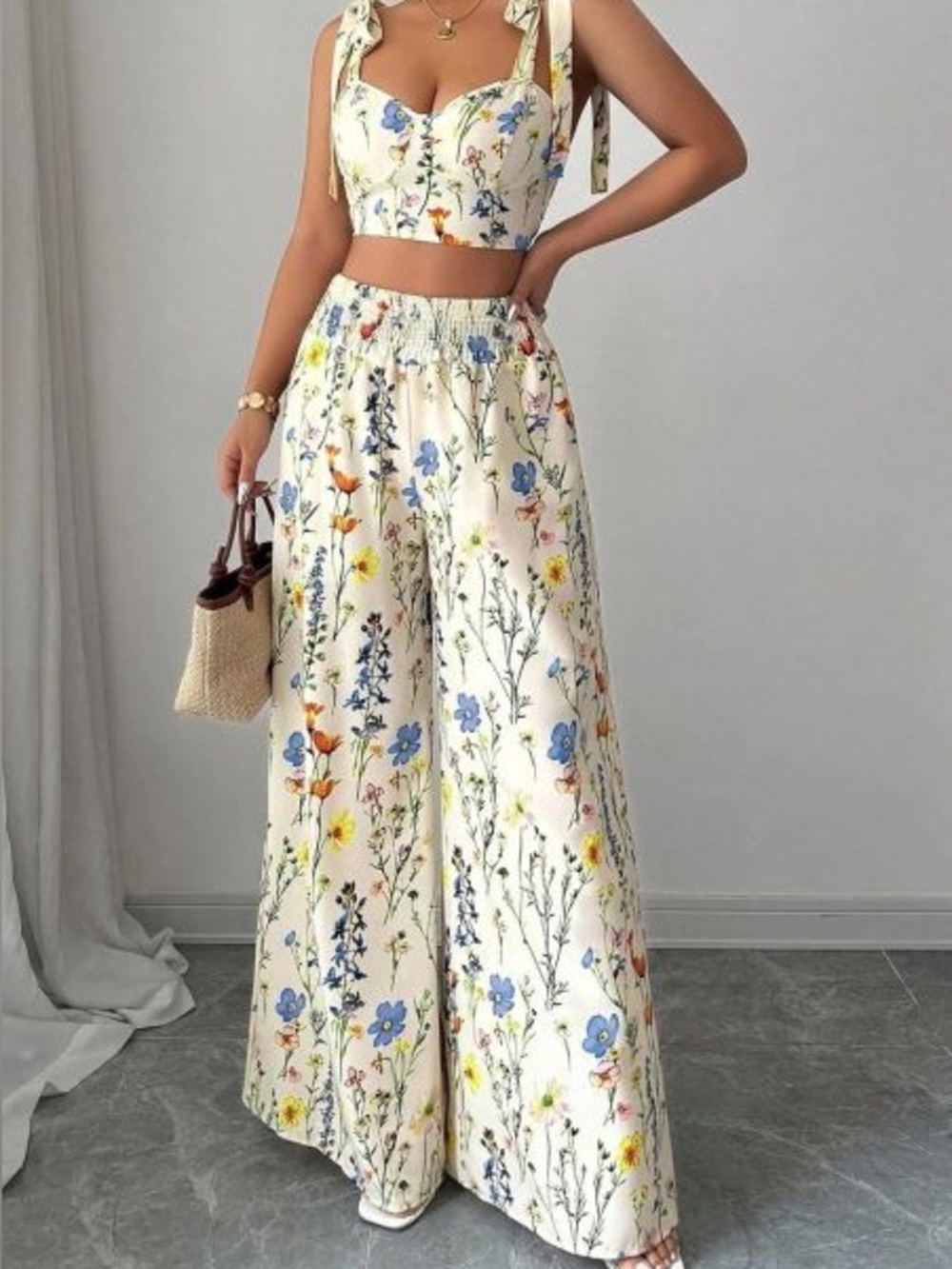 CHICWISH WILDFLOWER TIE-SHOULDER CAMI TOP AND PALAZZO PANTS SET - SMALL